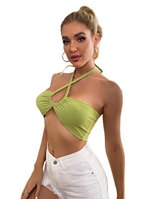 SheIn Women's Ruched Tie Back Halter Crop Top Sleeveless Crisscross Solid Camisole