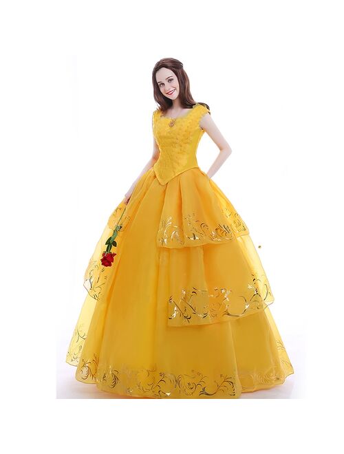 Moive Beauty And Beast Belle Cosplay Costume Adult Bella Princess Yellow Dress Women Girls Halloween Party Dresses Top Quality