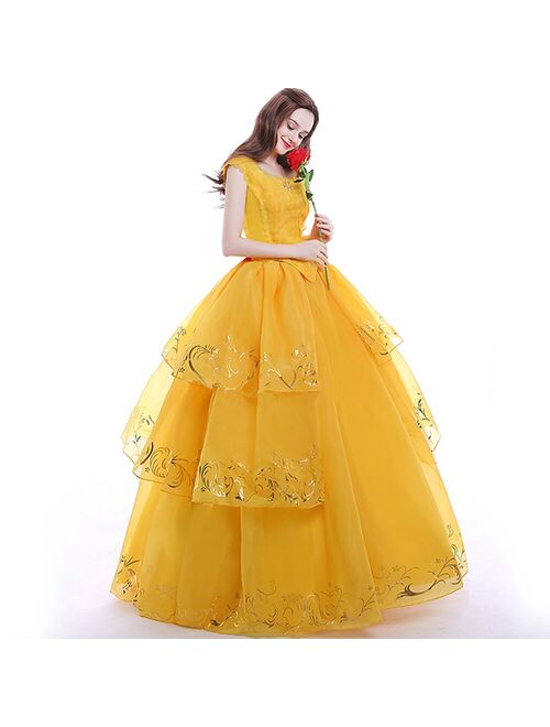 Moive Beauty And Beast Belle Cosplay Costume Adult Bella Princess Yellow Dress Women Girls Halloween Party Dresses Top Quality