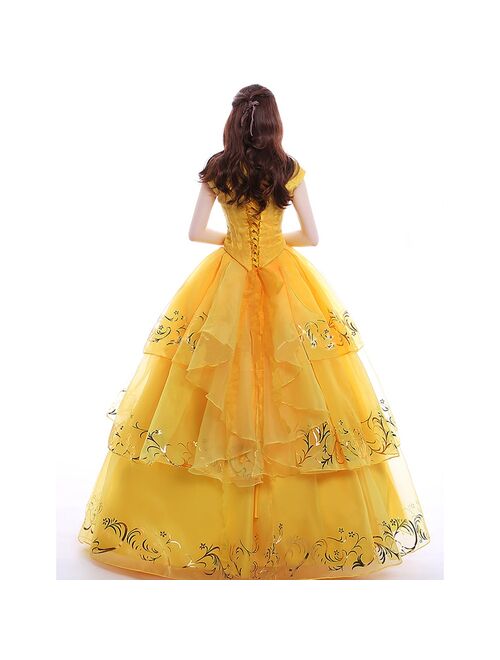 Moive Beauty And Beast Belle Cosplay Costume Adult Bella Princess Yellow Dress Women Girls Halloween Party Dresses Top Quality