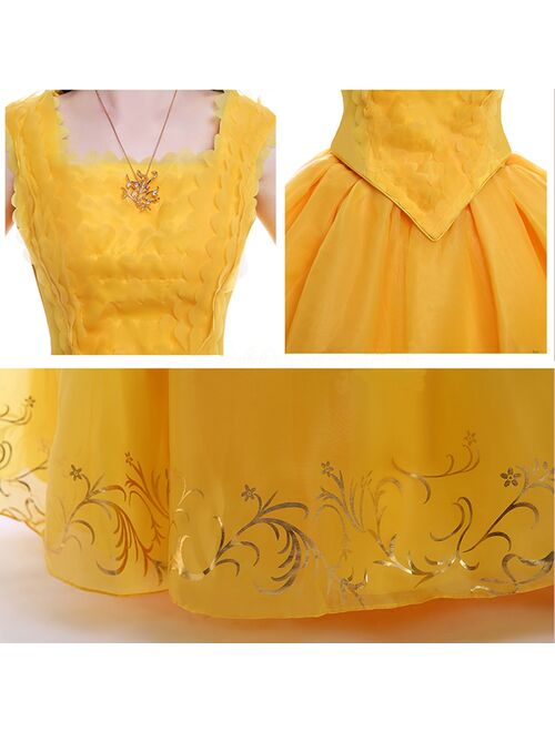 Moive Beauty And Beast Belle Cosplay Costume Adult Bella Princess Yellow Dress Women Girls Halloween Party Dresses Top Quality