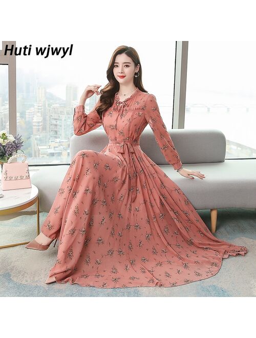 4XL Plus Size Floral Chiffon Boho Dress 2021 Spring Autumn Vintage Women Maxi Dresses White Casual Party Bodycon Long Vestidos