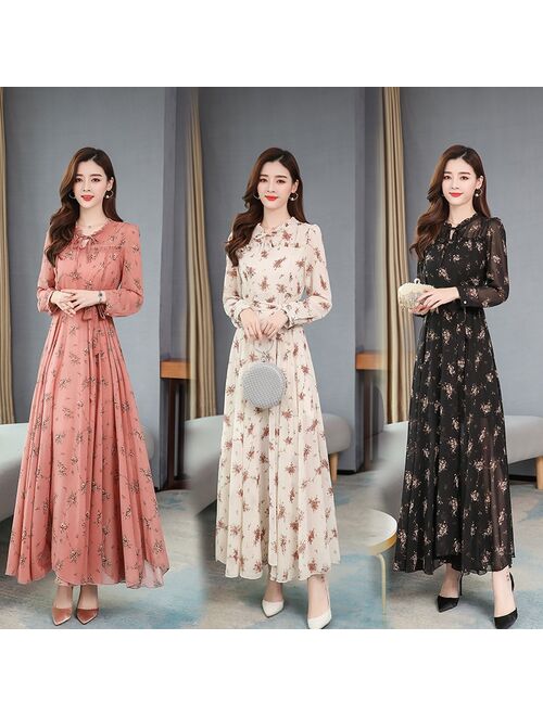 4XL Plus Size Floral Chiffon Boho Dress 2021 Spring Autumn Vintage Women Maxi Dresses White Casual Party Bodycon Long Vestidos