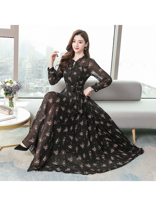 4XL Plus Size Floral Chiffon Boho Dress 2021 Spring Autumn Vintage Women Maxi Dresses White Casual Party Bodycon Long Vestidos