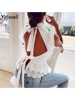 Yojoceli white cotton lace blouses shirt women back bow cotton blouses women ruffle lace shirt