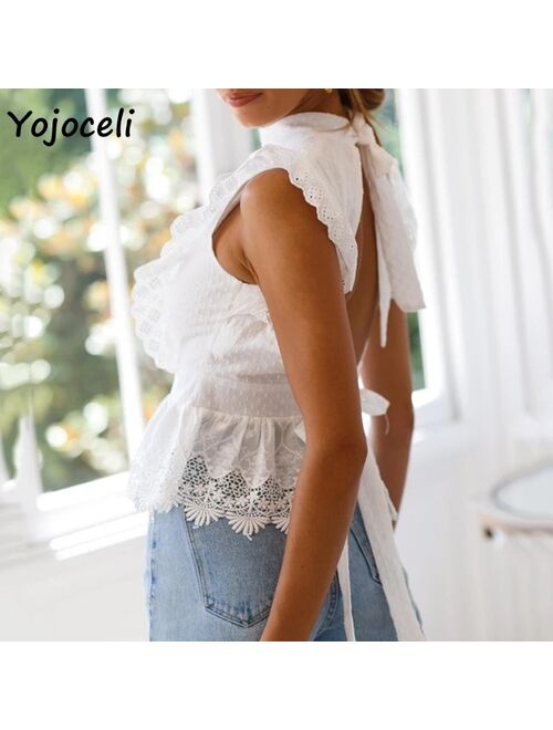 Yojoceli white cotton lace blouses shirt women back bow cotton blouses women ruffle lace shirt