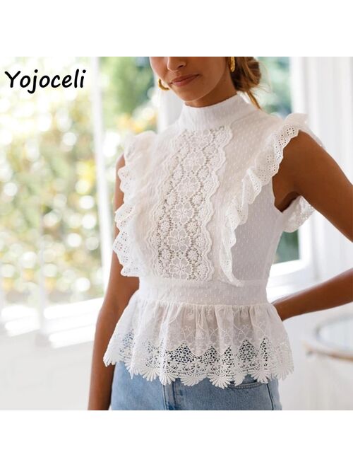 Yojoceli white cotton lace blouses shirt women back bow cotton blouses women ruffle lace shirt