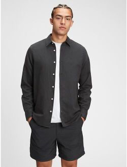 Linen-Cotton Spread Collar Long Sleeve Shirt