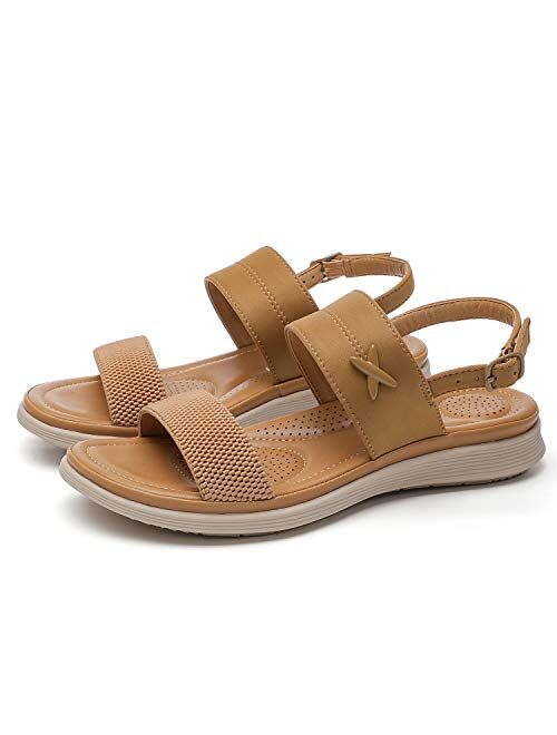 ChayChax Women's Leather Sandals Open Toe Beach Sandal Ankle Strap Summer Slippers Shoes Non Slip