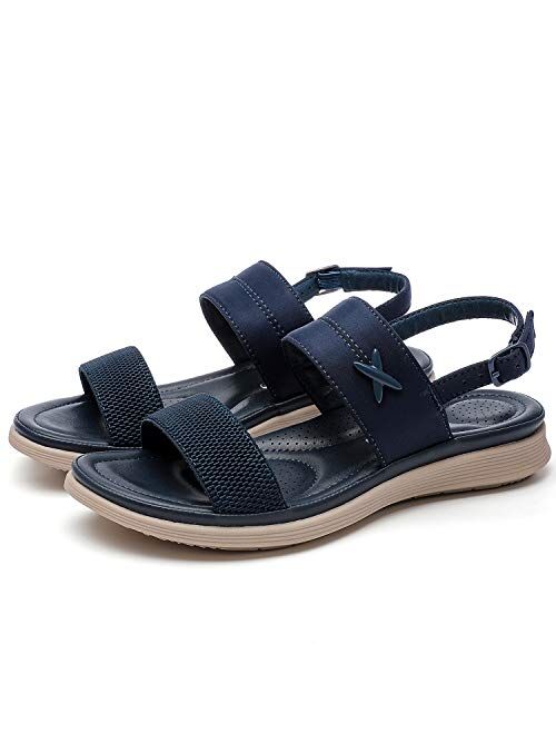 ChayChax Women's Leather Sandals Open Toe Beach Sandal Ankle Strap Summer Slippers Shoes Non Slip