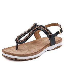 Summer Flat Sandals for Women Bohemian Rhinestone Beach Shoes Comfortable Thong Flip Flops Sandals