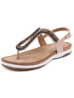 Summer Flat Sandals for Women Bohemian Rhinestone Beach Shoes Comfortable Thong Flip Flops Sandals