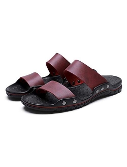 Mens Slide Sandals Leather Summer Slippers Shoes Non-Slip Clogs Mules with Rubber Sole