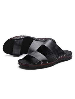 Mens Slide Sandals Leather Summer Slippers Shoes Non-Slip Clogs Mules with Rubber Sole