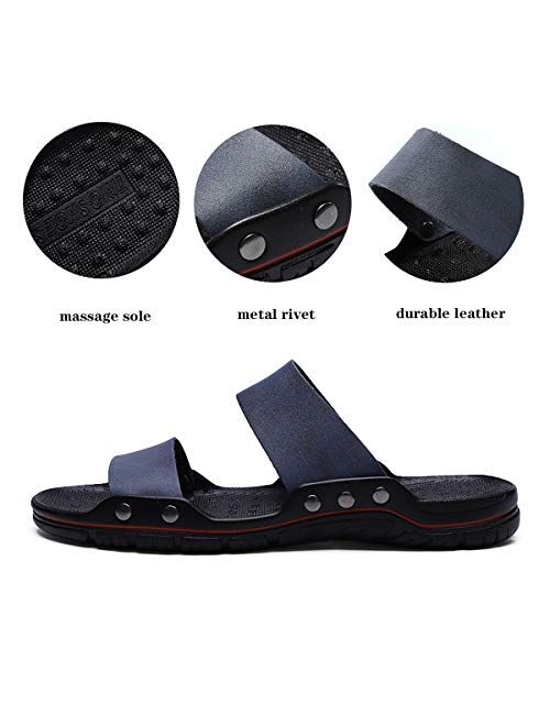 ChayChax Men’s Slide Sandals Leather Summer Slippers Shoes Non-Slip Clogs Mules with Rubber Sole