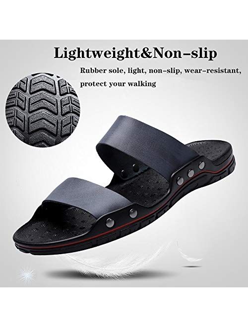 ChayChax Men’s Slide Sandals Leather Summer Slippers Shoes Non-Slip Clogs Mules with Rubber Sole