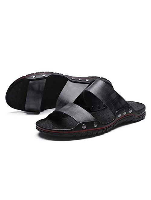 ChayChax Men’s Slide Sandals Leather Summer Slippers Shoes Non-Slip Clogs Mules with Rubber Sole