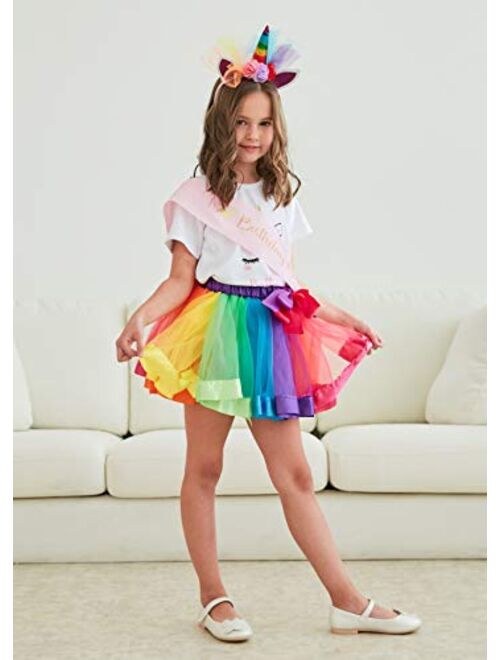 Doctor Unicorn Girls Layered Tutu Skirt with Unicorn Tshirt, Headband & Satin Sash