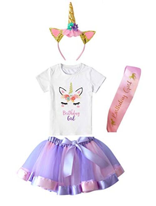 Doctor Unicorn Girls Layered Tutu Skirt with Unicorn Tshirt, Headband & Satin Sash