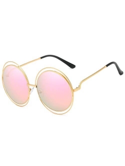 Metal Double Circle Wire Frame Oversized Round Sunglasses for Women