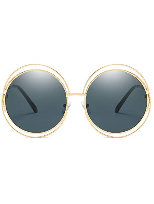 Dollger Metal Double Circle Wire Frame Oversized Round Sunglasses for Women