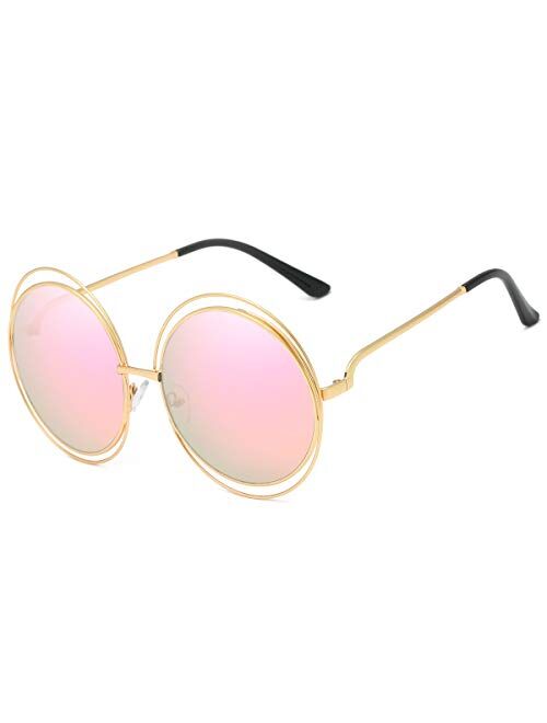 Dollger Metal Double Circle Wire Frame Oversized Round Sunglasses for Women