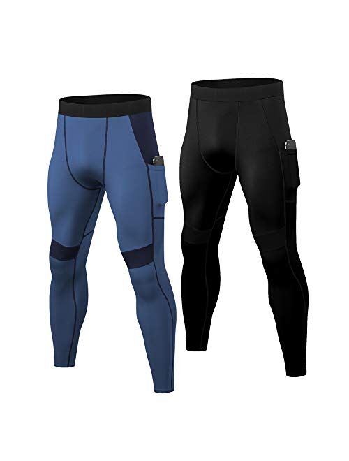 YUSHOW 2 Packs Mens Compression Leggings Sports Running Tights Cool Dry Base Layer Pants Gym Workout