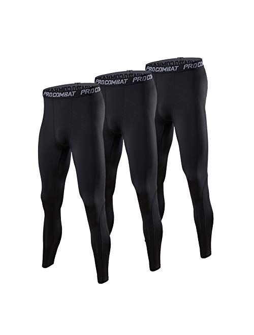 BUYJYA 3 Pack Men's Compression Pants Running Tights Workout Leggings Athletic Cool Dry Yoga Gym Clothes