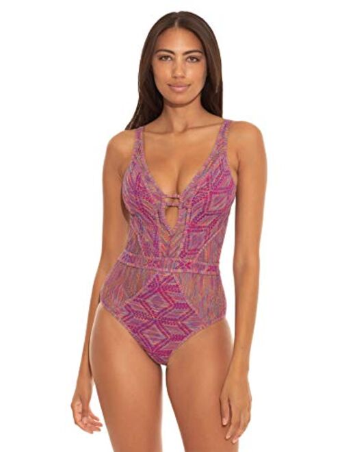 BECCA by Rebecca Virtue Mosaic Crochet Plunge One-Piece