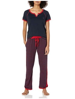 Women's Short Sleeve Tshirt and Logo Pant Lounge Bottom Pajama Set Pj