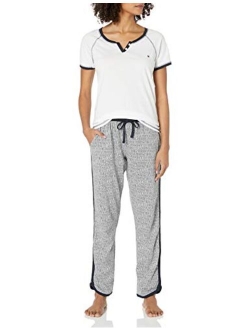 Women's Short Sleeve Tshirt and Logo Pant Lounge Bottom Pajama Set Pj