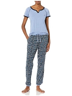 Women's Short Sleeve Tshirt and Logo Pant Lounge Bottom Pajama Set Pj