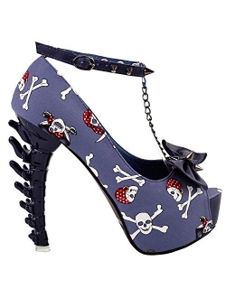 SHOW STORY White Woman Sexy Women Butterfly Print Studs Chain Peeptoe Platform Bone Heel Pumps,LF80631