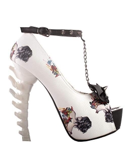 SHOW STORY White Woman Sexy Women Butterfly Print Studs Chain Peeptoe Platform Bone Heel Pumps,LF80631