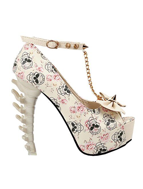 SHOW STORY White Woman Sexy Women Butterfly Print Studs Chain Peeptoe Platform Bone Heel Pumps,LF80631