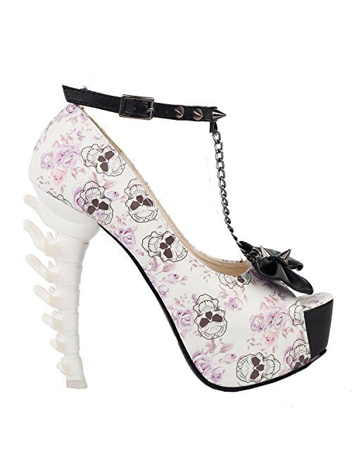 SHOW STORY White Woman Sexy Women Butterfly Print Studs Chain Peeptoe Platform Bone Heel Pumps,LF80631