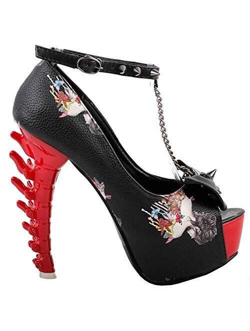 SHOW STORY White Woman Sexy Women Butterfly Print Studs Chain Peeptoe Platform Bone Heel Pumps,LF80631