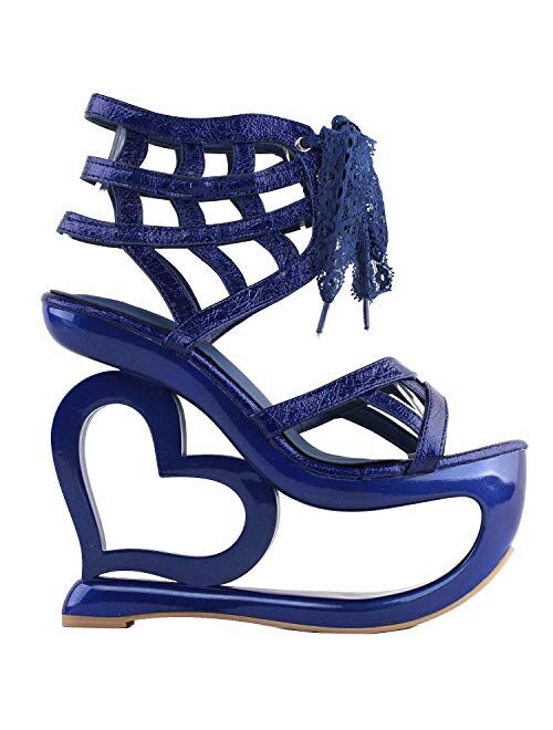 SHOW STORY Retro Blue Strappy Studs Heart Heel Wedge Evening Platform Sandals,LF40214