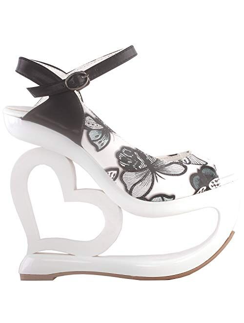 Show Story Elegant Floral Print Bow Ankle Strap Heart Heel Wedge Bridesmaid Wedding Sandals,LF40213