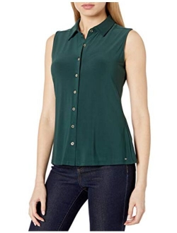 Women's Classic Collared Button Front Sleeveless-Knit Top