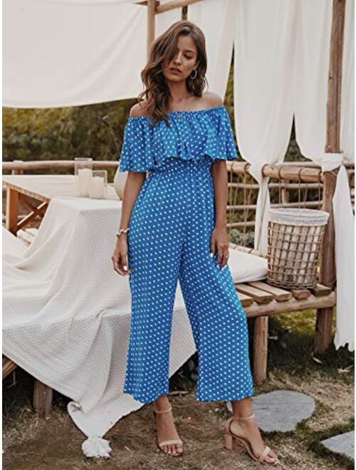 LIYOHON Women's Summer Off Shoulder Ruffle Polka Printed High Waisted Wide Leg Pants Jumpsuit with Pockets