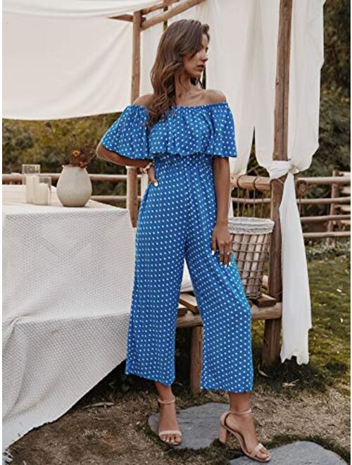 LIYOHON Women's Summer Off Shoulder Ruffle Polka Printed High Waisted Wide Leg Pants Jumpsuit with Pockets