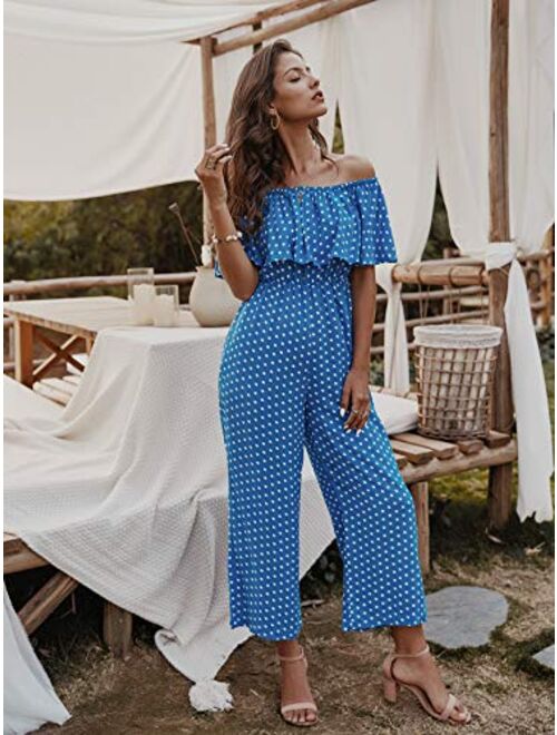 LIYOHON Women's Summer Off Shoulder Ruffle Polka Printed High Waisted Wide Leg Pants Jumpsuit with Pockets