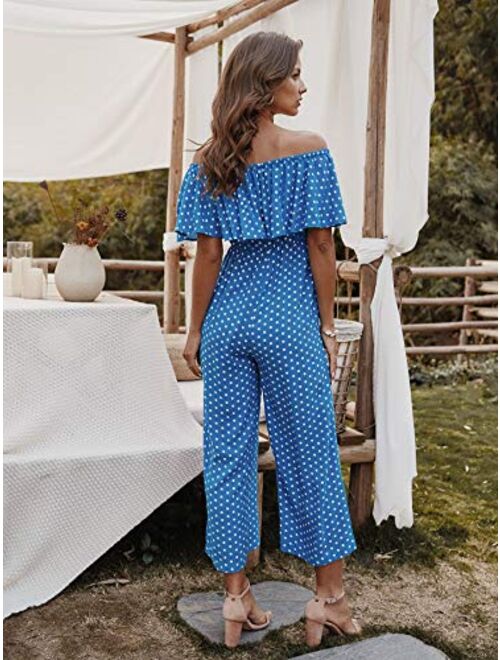 LIYOHON Women's Summer Off Shoulder Ruffle Polka Printed High Waisted Wide Leg Pants Jumpsuit with Pockets