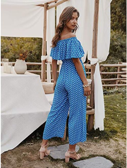 LIYOHON Women's Summer Off Shoulder Ruffle Polka Printed High Waisted Wide Leg Pants Jumpsuit with Pockets