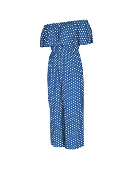 LIYOHON Women's Summer Off Shoulder Ruffle Polka Printed High Waisted Wide Leg Pants Jumpsuit with Pockets