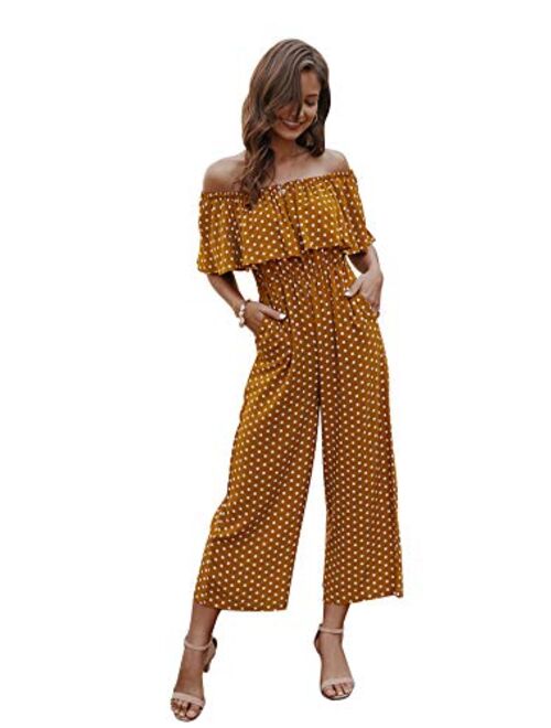 LIYOHON Women's Summer Off Shoulder Ruffle Polka Printed High Waisted Wide Leg Pants Jumpsuit with Pockets