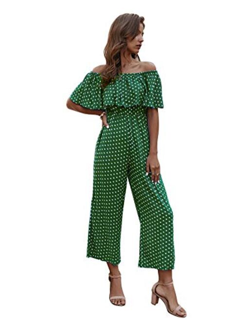 LIYOHON Women's Summer Off Shoulder Ruffle Polka Printed High Waisted Wide Leg Pants Jumpsuit with Pockets