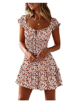 Yobecho Womens Summer Ruffle Sleeve Sweetheart Neckline Printing Dress Mini Dress