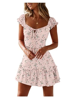 Yobecho Womens Summer Ruffle Sleeve Sweetheart Neckline Printing Dress Mini Dress